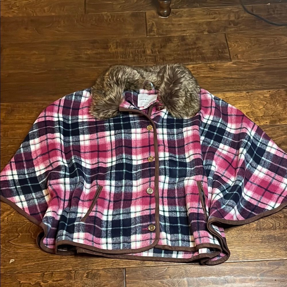 Janie and Jack Faux Fur Collar Pink and Black Plaid Cape, size 10/12